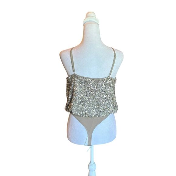 Express Silver Gold Sequin Bodysuit Fuax Wrap Adjustable Straps Womens Small NWT - Picture 2 of 14